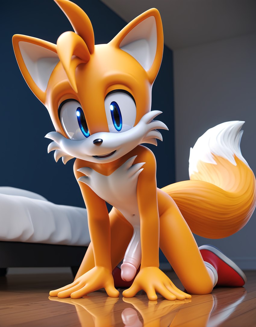 all_fours anthro bed bedroom black_nose blue_eyes clothing erection fluffy footwear fox_ears fur furniture genitals hands humanoid_genitalia humanoid_penis inside kneeling kneeling_on_ground male markings navel orange_body orange_fur penis reflection reflective_surface shoes smile sneakers solo sonic_the_hedgehog_(series) tail_markings kekened996 miles_prower canid canine fox mammal tail 3d_(artwork) absurd_res digital_media_(artwork) hi_res