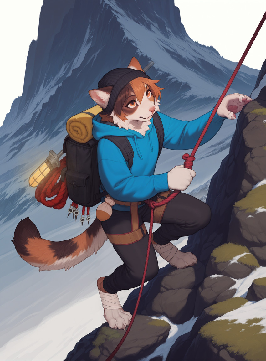anthro backpack bandage beanie climbing clothing fur hair harness hat headgear headwear lamp male moss mottled mountains multicolored_body multicolored_fur multicolored_hair pawpads paws piebald plant rope snow solo cerinil ceri_(cerinil) calico_cat domestic_cat felid feline felis mammal absurd_res hi_res