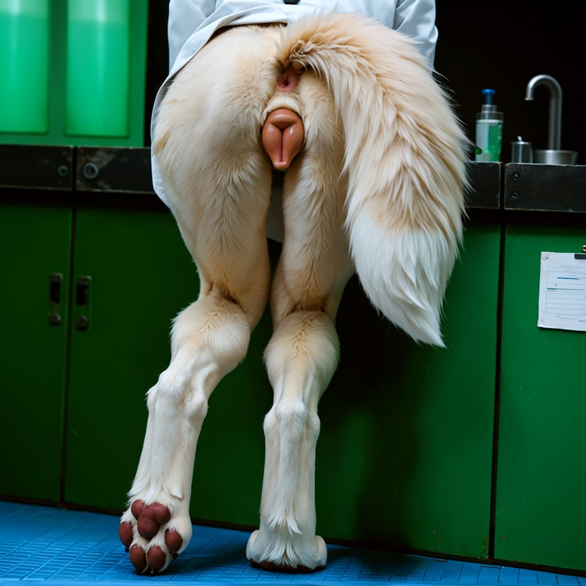 animal_genitalia animal_pussy anthro anus bottle bottomless bottomless_female butt cabinet canine_genitalia canine_pussy clothed clothing coat detailed_background detailed_fur digitigrade faucet female fluffy fluffy_tail fur genitals glistening glistening_genitalia glistening_pussy inside lab_coat laboratory laboratory_equipment low-angle_view multicolored_body multicolored_fur paper pawpads paws photorealism pink_anus pink_pussy plump_labia pussy raised_tail realistic realistic_fur rear_view red_pawpads scientific_instrument solo standing tail_aside tan_body tan_fur topwear white_body white_fur white_tail_tip blp canid canine fox mammal cool_colors detailed hi_res