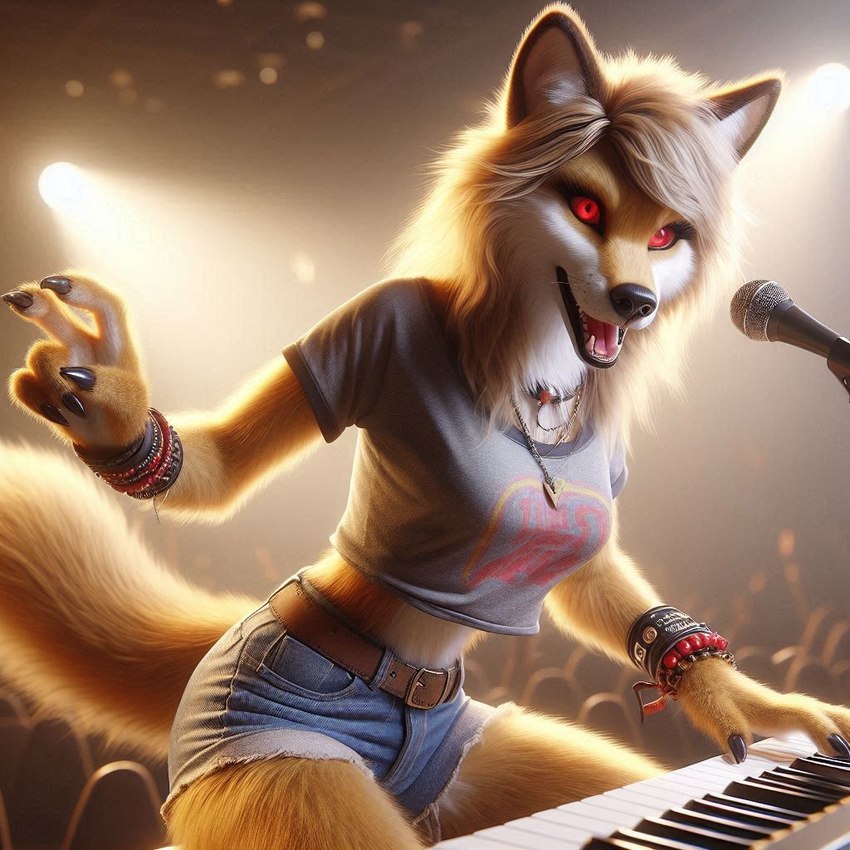 anthro black_nose blonde_hair bottomwear bracelets clothing dall-e_3 denim denim_clothing detailed_background female fur hair jeans jewelry keyboard_instrument long_hair microphone musical_instrument necklace pants piano red_eyes shirt shorts solo t-shirt topwear yellow_body yellow_fur goldanthrowolf canid canine canis luphra'nite mammal wolf