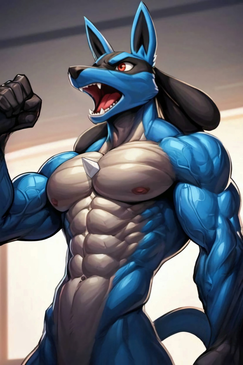 abs anthro athletic athletic_anthro athletic_male biceps blue_body blue_fur fur male muscular muscular_anthro muscular_arms muscular_male navel nipples nude pecs red_eyes ripped_muscles small_waist solo tail toned-muscles triceps veiny_muscles aianthros nintendo pokemon generation_4_pokemon lucario pokemon_(species) hi_res
