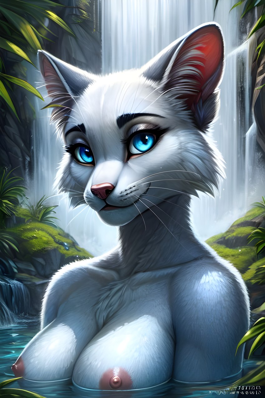 anthro barely_visible_nipples blue_eyes breasts eyebrows female inner_ear_fluff leafs nature nipples partially_submerged pink_nose solo tuft water waterfall exawalker1991 duchess_(aristocats) domestic_cat felid feline felis mammal absurd_res attempted_signature hi_res