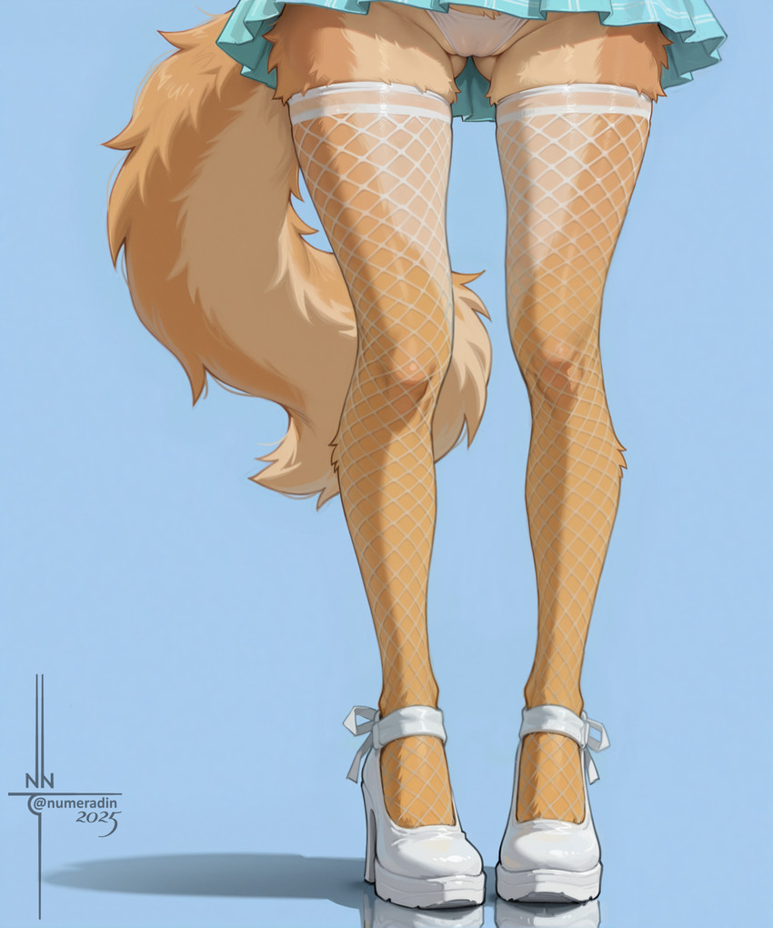 4_toes absolute_territory anthro boots bottomwear bow_ribbon brown_body brown_fur camel_toe clothed clothing countershading_fur feet female fishnet fishnet_legwear fluffy footwear fur high_heeled_boots high_heels legwear miniskirt over_the_legs_shot panties pleated_skirt shadow simple_background skirt solo standing stockings tight_clothing toes translucent tuft underwear upskirt numeradin canid canine canis mammal wolf hi_res portrait