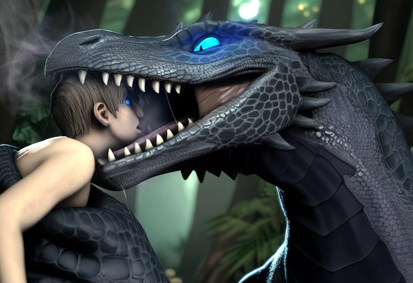 black_body black_scales blue_eyes claws day duo female feral forest forest_background holding_another horn hypnosis male male/female mind_control nature nature_background outside plant scales smoke_from_mouth spines teeth tongue tree vore loganth dragon human mammal