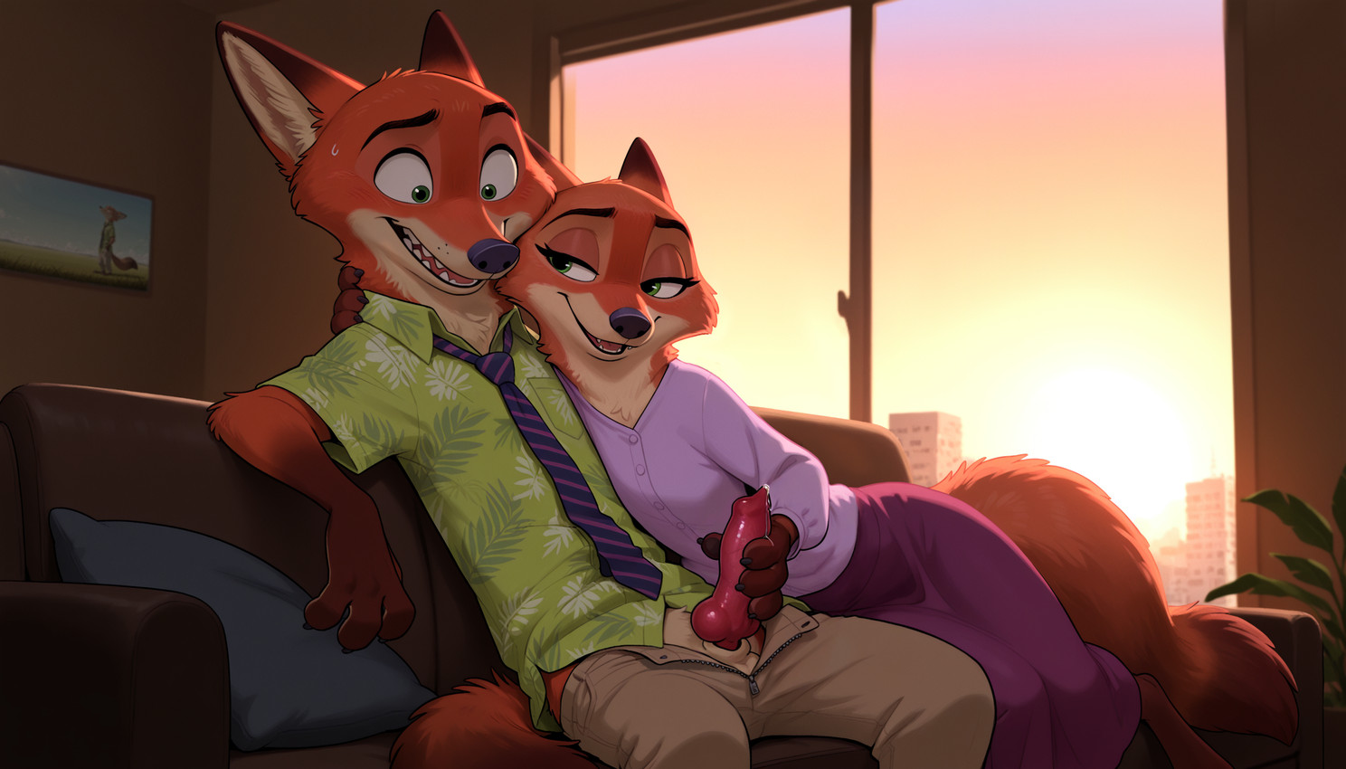 4_fingers animal_genitalia animal_penis anthro bedroom_eyes bodily_fluids bottomwear canine_genitalia canine_penis clothed clothing duo erection female fingers flat_chested fully_clothed furniture genital_fluids genitals handjob living_room male male/female narrowed_eyes on_sofa open_mouth pants penile penis precum seductive semi-anthro sex sitting sitting_on_sofa smile sofa sunset unzipped unzipped_pants aksel disney zootopia mrs._wilde nick_wilde canid canine fox mammal red_fox hi_res incest_(lore) mother_(lore) mother_and_child_(lore) mother_and_son_(lore) parent_(lore) parent_and_child_(lore) parent_and_son_(lore) son_(lore)