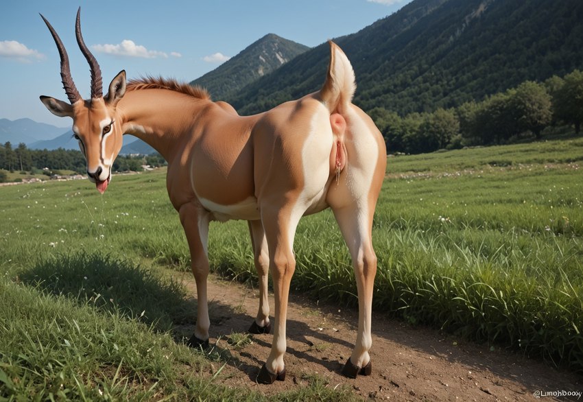 brown_body dripping_pussy female feral genitals looking_at_viewer looking_back mountains pink_pussy pussy short_tail solo tongue tongue_out mare_fan_ultimate antelope bovid mammal hi_res