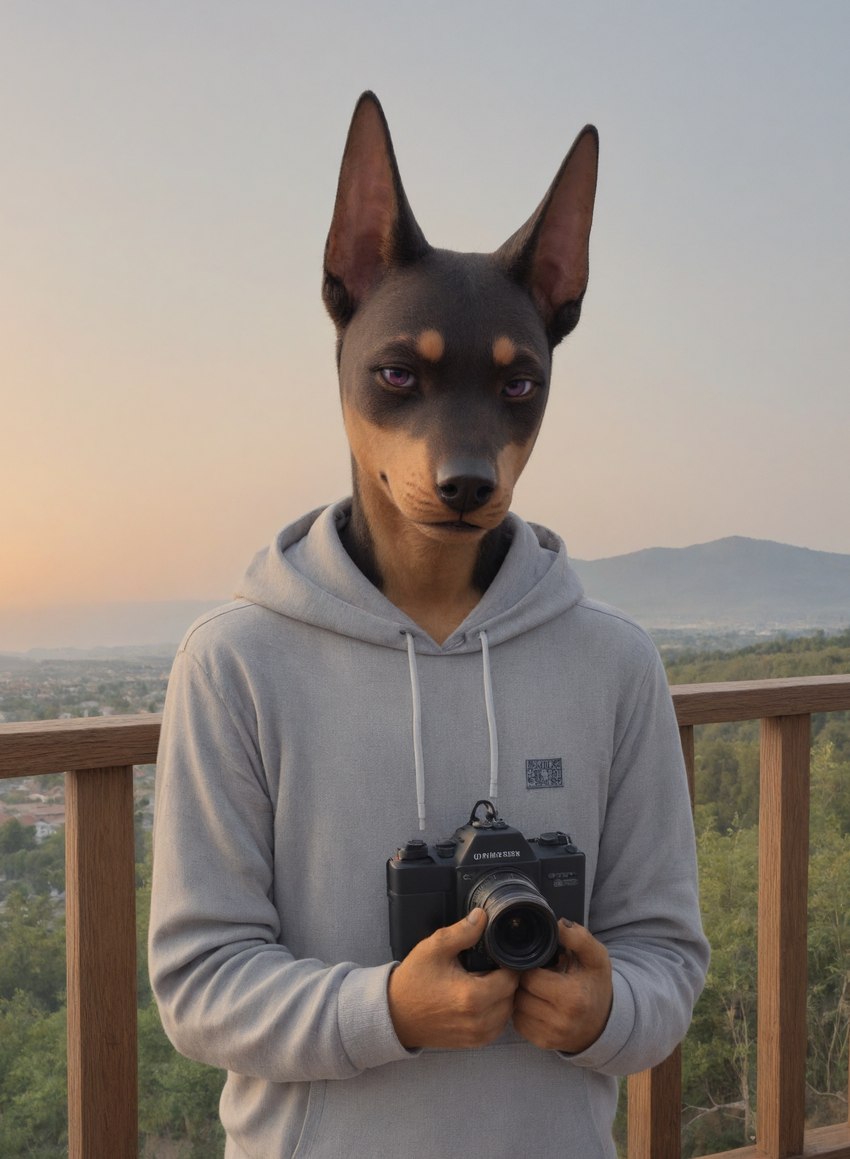 4_fingers anthro black_body black_fur black_nose brown_body brown_fur camera clothed clothing detailed_background facial_markings fence fingers front_view fur head_markings holding_camera holding_object hoodie long_ears looking_at_viewer male markings multicolored_body multicolored_fur outside plant purple_eyes sky smile solo standing topwear tree two_tone_body two_tone_fur anonymous_director canid canine canis dobermann domestic_dog mammal pinscher half-length_portrait hi_res portrait