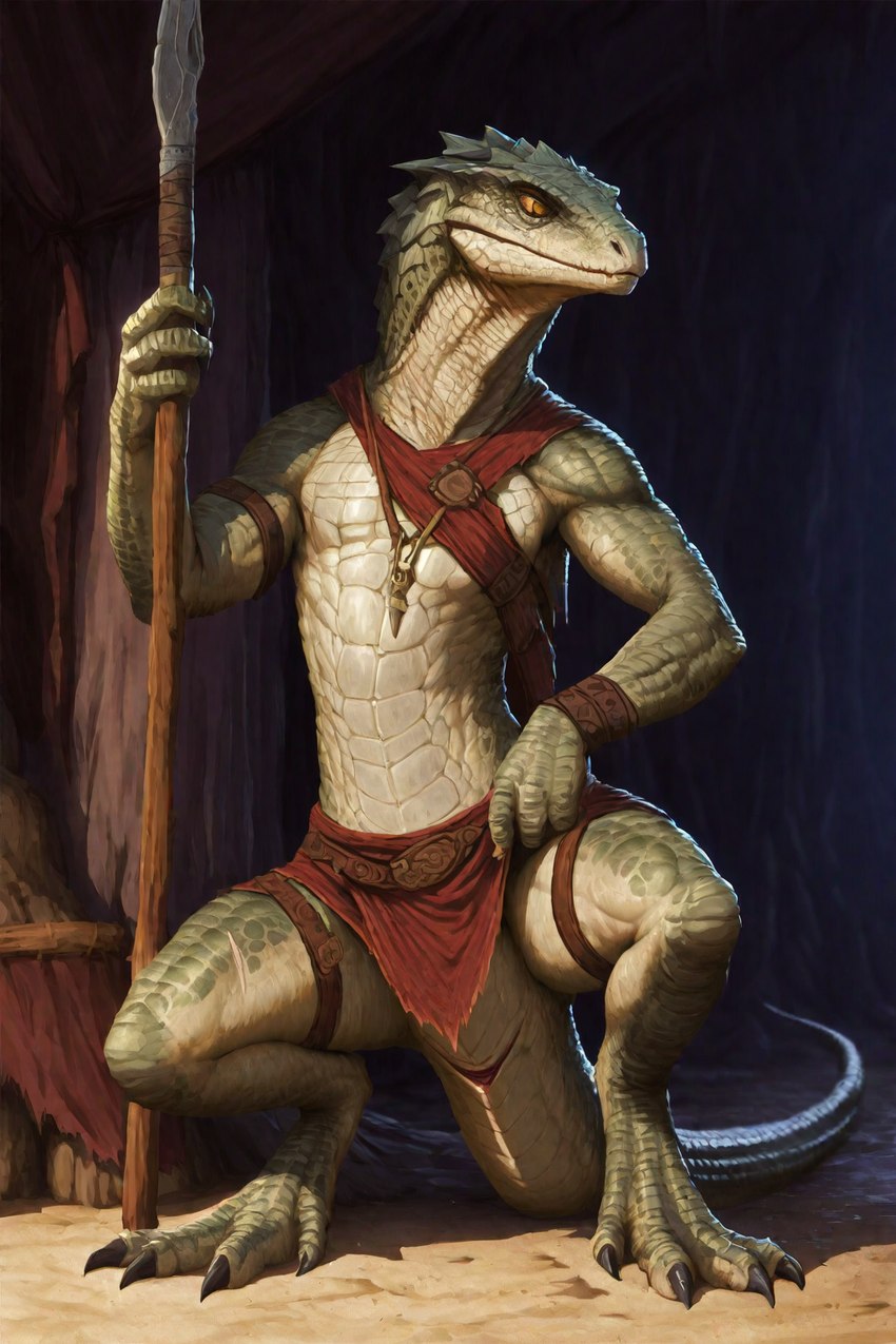 animal_genitalia anthro cloaca clothed clothing genitals jewellery male melee_weapon partially_clothed polearm spear weapon hyperion lizard lizardman reptile scalie hi_res