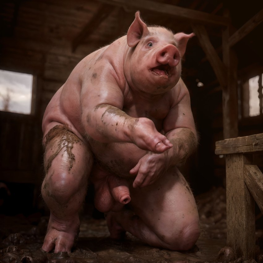 anthro barn genitals humanoid_genitalia humanoid_penis male obese overweight overweight_male penis pig_ears pig_nose solo transformation splice domestic_pig mammal suid suina sus_(pig) absurd_res hi_res