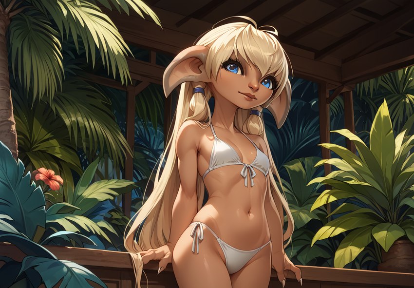 bar bikini bikini_top blonde_hair blue_eyes breasts clothing day female flower guild_wars hair leaning leaning_back leaning_on_table light long_ears long_hair navel palm_tree plant small_breasts smile smooth_skin solo sunlight swimwear tan_body tan_skin thong thong_straps tree tropical underwear video_games water white_bikini white_clothing white_swimwear langri colette_(langri) asura humanoid