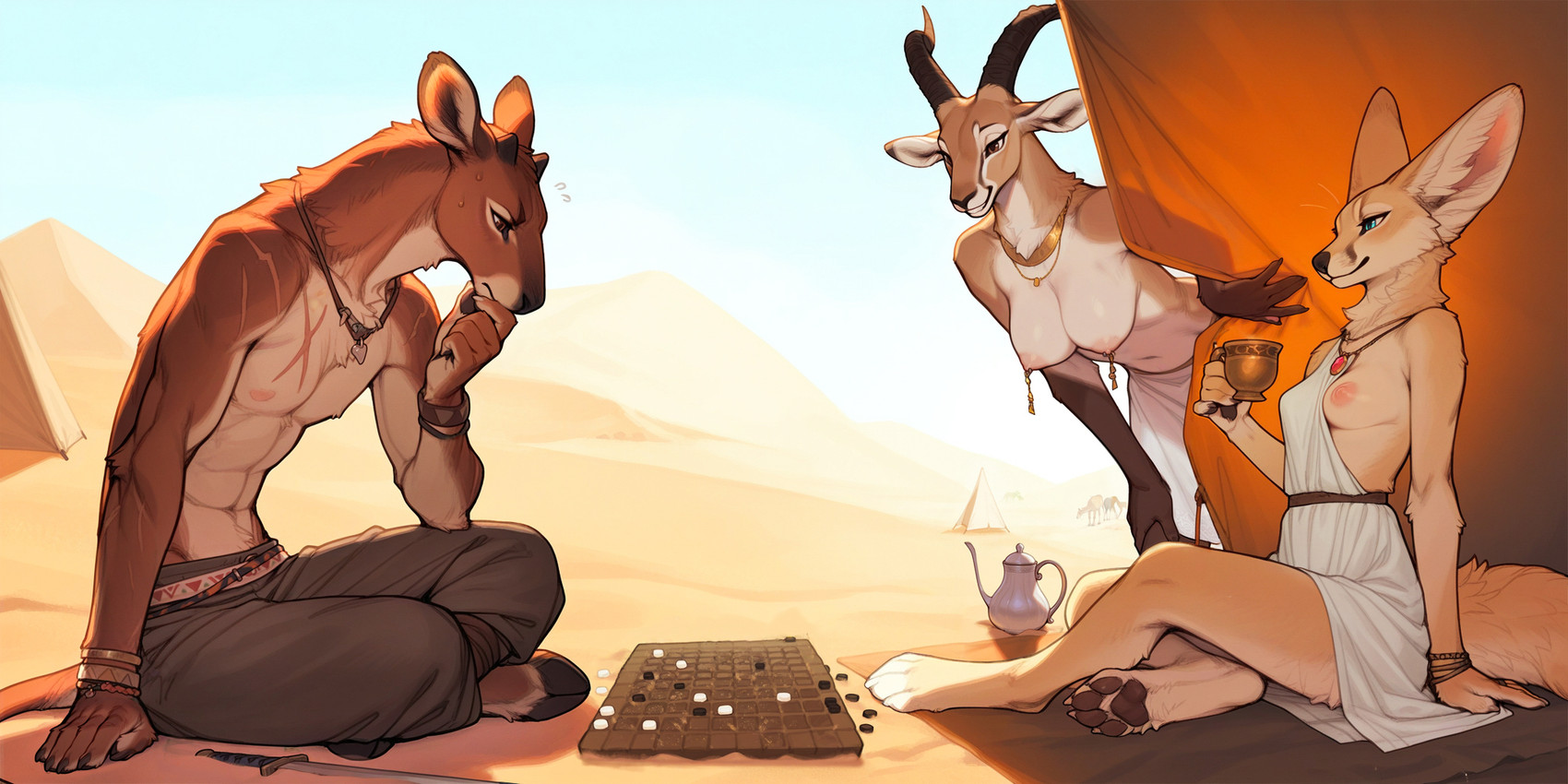 anthro bodily_fluids bottomwear bracelet breasts canine_teeth checkers clothed clothing container cup desert female fennec_ears gem group horn jewelry male melee_weapon nipple_piercing nipples one_breast_out ossicone pants piercing robe ruby_(gem) sand sand_dune scar sitting_on_ground skirt smile smirk sweat sweatdrop sword teapot tent topless trio weapon worried cerinil antelope bovid canid canine fennec fox giraffid mammal okapi hi_res