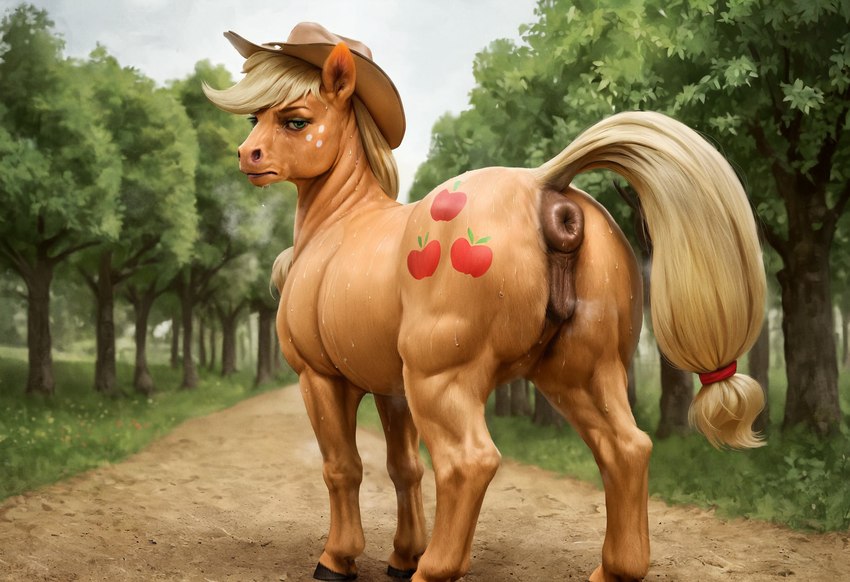 anatomically_correct anatomically_correct_genitalia anatomically_correct_pussy animal_genitalia animal_pussy anus bodily_fluids butt clothing cowboy_hat cutie_mark equine_genitalia equine_pussy female feral friendship_is_magic genitals hair hat headgear headwear hooves looking_at_viewer muscular musk path plant puffy_anus pussy quadruped rear_view solo standing sweat sweaty tied_hair tree tamrad applejack_(mlp) equid equine horse mammal my_little_pony pony hi_res