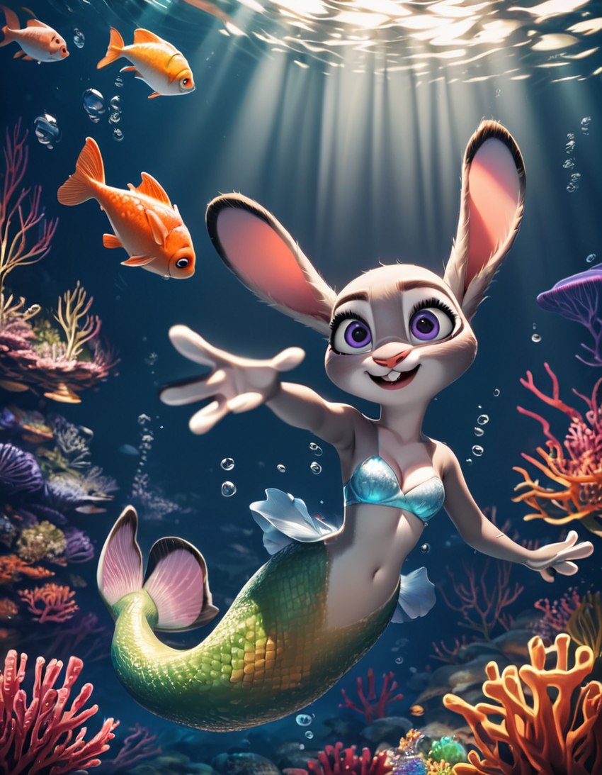 anthro bikini bikini_top bubble clothing coral_reef ears_up female light light_beam looking_at_viewer open_mouth reaching_towards_viewer solo sunbeam sunlight swimwear underwater water zootopia corgiboom judy_hopps anthozoan cnidarian coral fish lagomorph leporid mammal marine rabbit siren