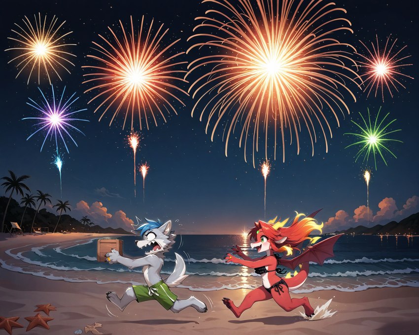 4_fingers anthro beach bikini blue_eyes blue_hair breasts chasing claws clothed clothing container detailed_background duo feet female fingers fire fireworks fur grey_body hair holidays horn male male/female married_couple night open_mouth outside red_hair running sand sea seaside sky smile star starry_sky swimming_trunks swimwear teeth toes tongue topless water wings thebigbradwulf brad_wulf_(thebigbradwulf) emberlynn_(thebigbradwulf) canid canine canis domestic_dog dragon humanoid mammal marine mythological_creature mythological_scalie scalie wolf digital_media_(artwork) hi_res