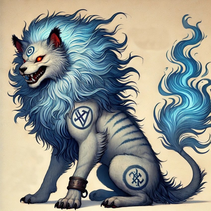 accessory blue_body blue_fur chatgpt cuff_(restraint) feral fur male mitzuko red_eyes restraints shackles smile solo tattoo white_body white_fur eguzky phyasrisulis_(eguzky) canid canine canis felid feline lion mammal pantherine wolf