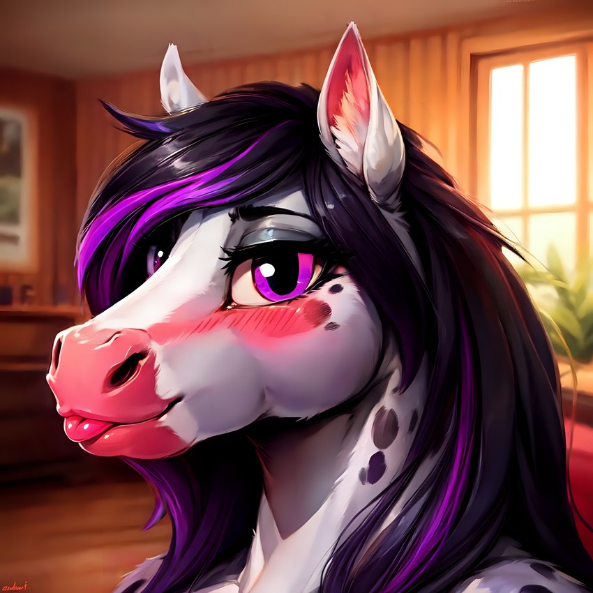 anthro black_hair blep blush face_focus female frosting.ai glistening glistening_eyes hair highlights_(coloring) living_room long_hair looking_at_viewer purple_eyes purple_highlights smile solo tongue tongue_out mr_diddlez sam_(nubz) equid equine horse mammal absurd_res hi_res