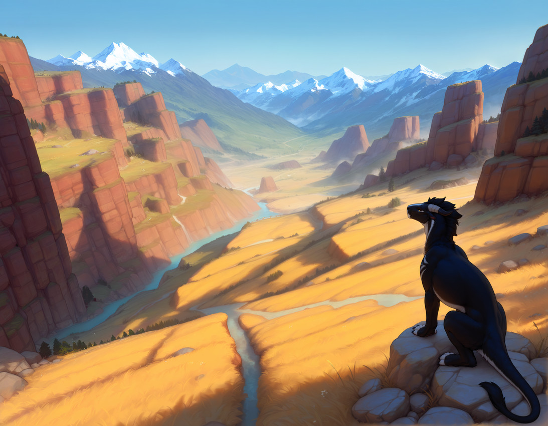 4_toes 5_fingers ambiguous_gender black_body black_claws black_fur black_sclera blue_sky claws detailed_background feet feral fingers fur high-angle_view landscape looking_away mountains nature nature_background on_rock path plant river savanna sitting sky snowy_mountains solo tail_tuft toes tree tuft white_body white_fur yellow_eyes adragocult felkin mammal absurd_res hi_res