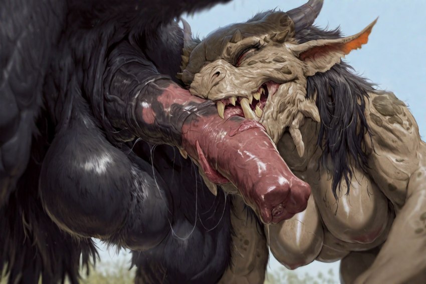 animal_genitalia animal_penis anthro balls big_balls big_penis duo equine_penis female feral genitals huge_balls licking male male/female oral penis tongue tongue_out charr equid equine felid horse mammal