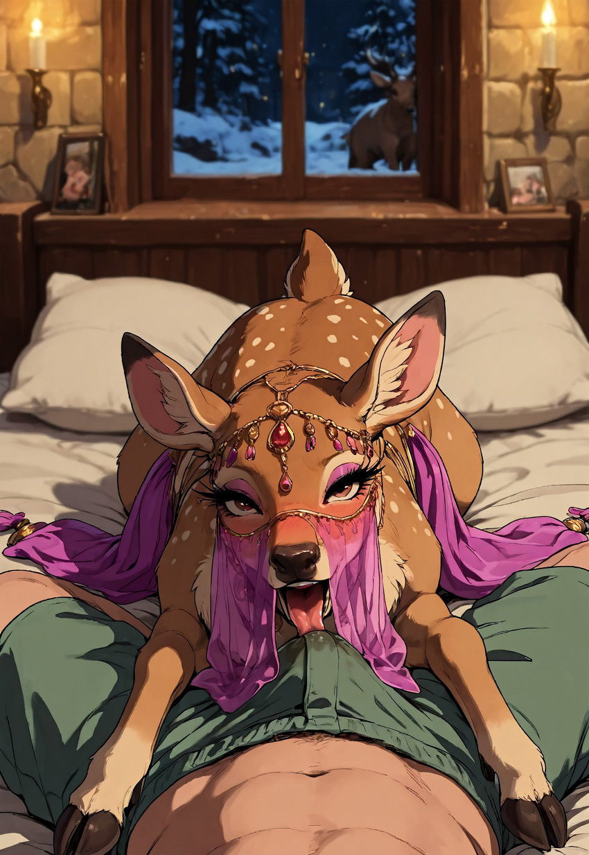 bestiality blush bodily_fluids bottomwear brown_body brown_fur bulge clothing duo faceless_character faceless_male female feral first_person_view fur hooves human_on_feral interspecies licking looking_at_viewer male male/female male_on_feral open_mouth raised_tail tongue tongue_out veil diddlier cervid human mammal hi_res