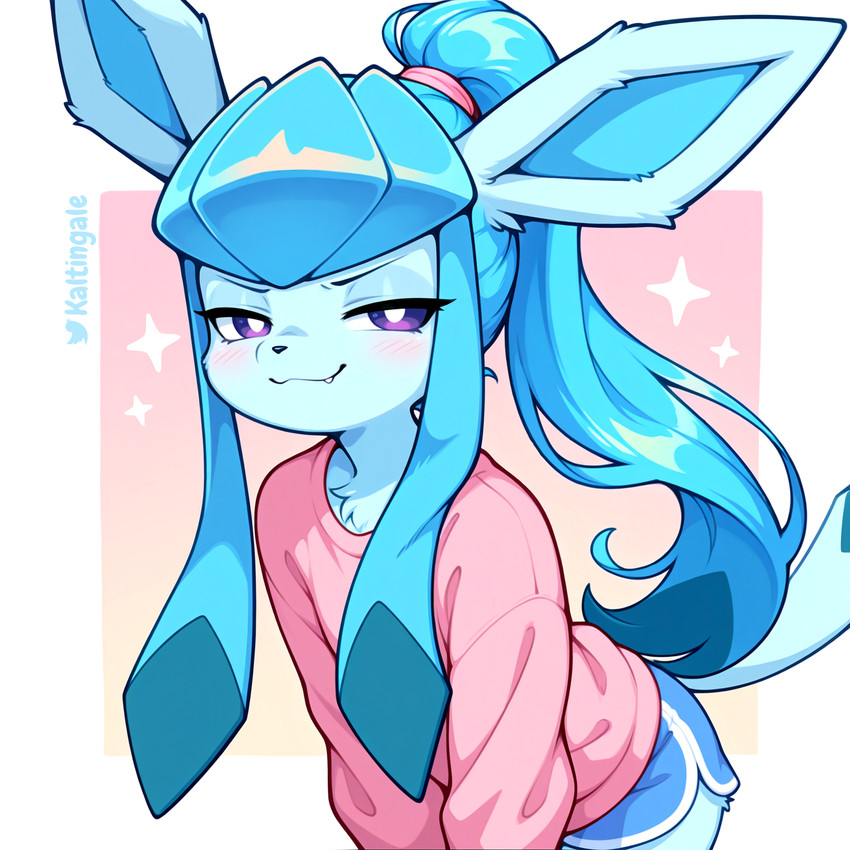 ambiguous_gender anthro blue_body blue_fur blue_hair blush bottomwear chest_tuft clothed clothing cute_fangs front_view fur hair long_ears long_hair looking_at_viewer narrowed_eyes ponytail purple_eyes shirt shorts simple_background smug solo sparkles tail topwear tuft kaltingale_(director) nintendo pokemon eeveelution generation_4_pokemon glaceon pokemon_(species) hi_res watermark