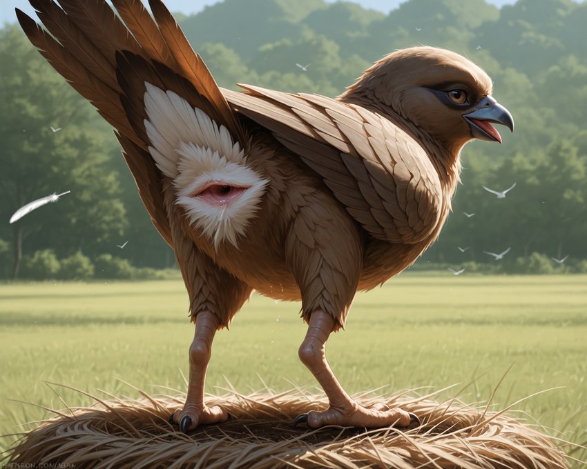 animal_genitalia beak bodily_fluids brown_body brown_feathers cloaca cloaca_juice feathers female feral gaping gaping_cloaca genital_fluids genitals inviting looking_at_viewer nest presenting presenting_cloaca solo tail_feathers talons wings anonymous_director avian bird hi_res