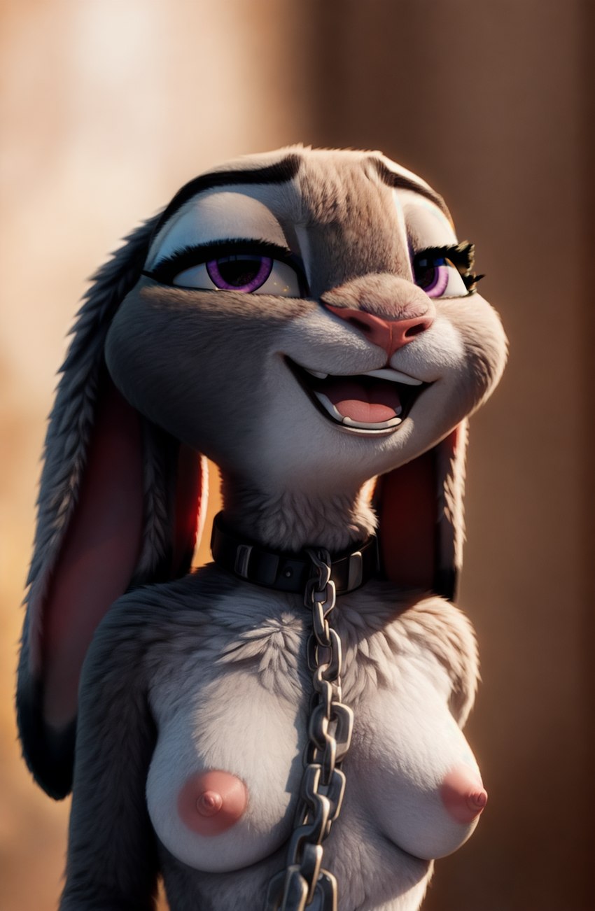 anthro bedroom_eyes breasts chain chained collar collar_only ears_down female looking_at_viewer mostly_nude narrowed_eyes nipples nude open_mouth pivoted_ears seductive smile solo zootopia corgiboom judy_hopps lagomorph leporid mammal rabbit hi_res