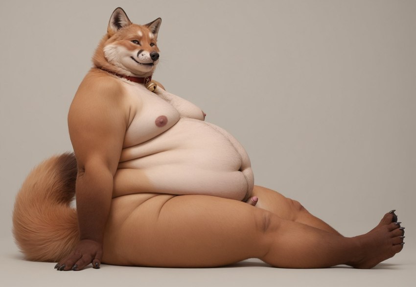 anthro bell bell_collar belly belly_overhang black_stripes body_hair cheek_tuft chest_hair chest_tuft collar facial_tuft fat_rolls fluffy fluffy_tail fur genitals looking_at_viewer male moobs morbidly_obese navel nipples nude obese orange_body orange_fur overweight overweight_anthro overweight_male pawpads paws penis photorealism photorealistic realism realistic sitting small_penis snout solo stripes thick_thighs tuft white_body white_fur wide_hips anonymous_director canid canine fox mammal hi_res