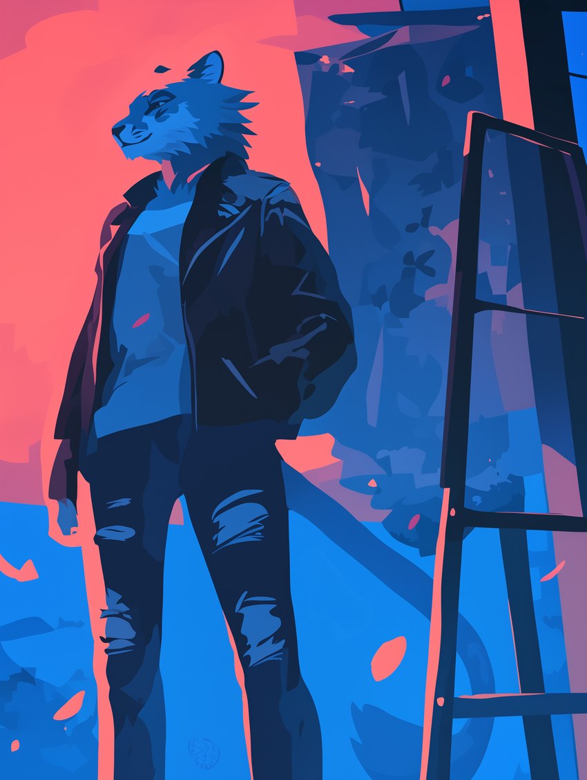 anthro clothing jacket male outside solo standing tail topwear torn_clothing sappy_(director) felid mammal pantherine absurd_res hi_res restricted_palette