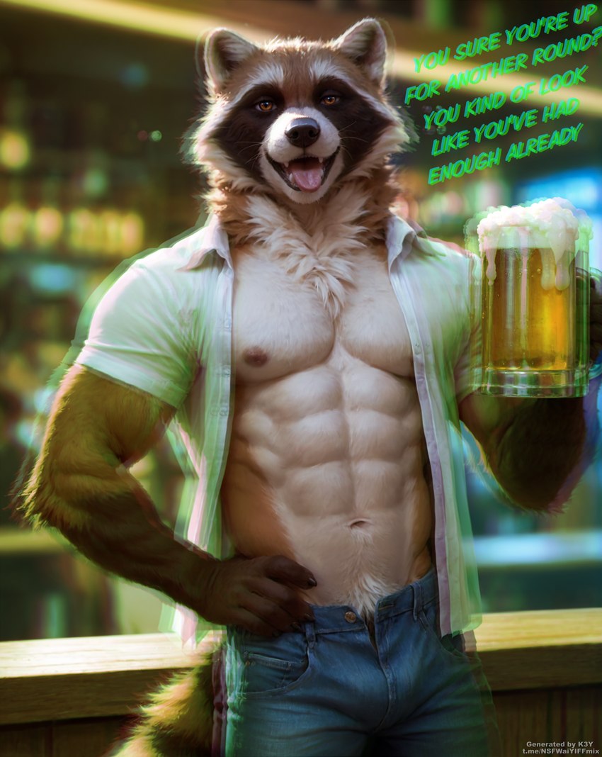 abs alcohol anthro bar beer beer_mug beverage black_nose blurred_background bottomwear brown_eyes chromatic_aberration clawed_hands clothed clothing denim denim_clothing detailed_background drunk first_person_view fur hand_on_hip inside jeans looking_at_viewer male multicolored_body multicolored_fur muscular navel neck_tuft nipples open_clothing open_mouth open_shirt open_topwear pants pink_nipples pubes shirt solo standing substance_intoxication teeth text tongue tongue_out topwear tuft unzipped unzipped_pants k3y mammal procyonid raccoon english_text hi_res watermark