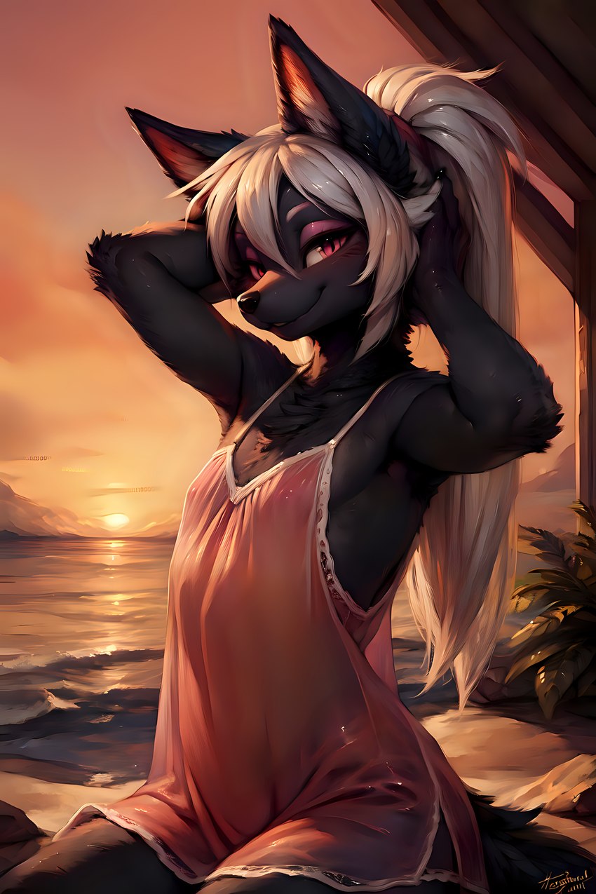 anthro beach black_body black_fur cute_expression eyeshadow femboy fluffy fur girly hair hands_behind_head long_hair looking_at_viewer makeup male nightgown pink_eyes pink_eyeshadow seaside seductive sitting smile solo sunset wave white_hair jameswolf faelen_(faelen) canid canine canis domestic_dog mammal absurd_res hi_res