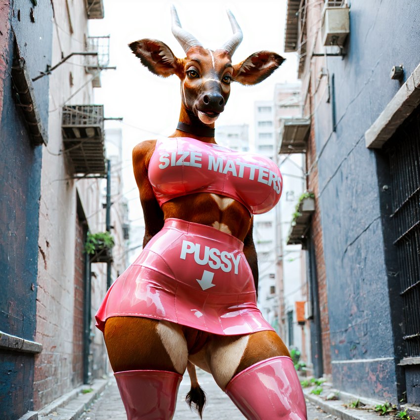 alley amber_eyes anthro big_breasts black_nose blurred_background bottomwear bovid_horn breasts brown_body brown_fur building choker city city_background clothed clothing darkened_genitalia darkened_pussy detailed_background directional_arrow eyelashes facial_markings female fur genitals glistening glistening_clothing hands_behind_back head_markings horn humanoid_genitalia humanoid_pussy inner_ear_fluff jewelry latex_clothing latex_skirt latex_stockings long_eyelashes long_tail looking_at_viewer markings necklace no_underwear open_mouth outside photorealism pink_clothing public public_exposure pussy realistic realistic_fur skirt solo standing text text_on_bottomwear text_on_clothing text_on_topwear topwear tuft upskirt wall_(structure) white_body white_fur silvicultor antelope bongo_(antelope) bovid bovine mammal spiral-horned_antelope hi_res portrait three-quarter_portrait