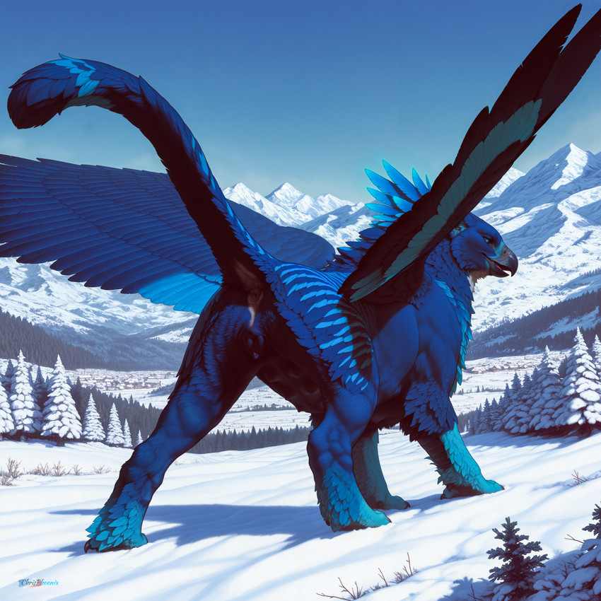 animal_genitalia animal_pussy anus beak blue_body blue_eyes blue_feathers butt canine_genitalia canine_pussy claws detailed_background feathers female feral fur genitals glowing glowing_body glowing_eyes glowing_feathers looking_at_viewer majestic mountains mythology plant pussy rear_view smile snow snow_on_branches snow_on_ground solo striped_body stripes sunny tail tail_feathers tail_up talons teats tree tuft village wings winter chrisphoenix avian gryphon mammal mythological_avian mythological_creature absurd_res detailed hi_res huge_filesize
