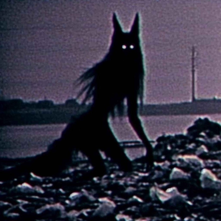 anthro black_body black_hair building female glowing glowing_eyes hair long_arms long_hair looking_at_viewer morning nightmare_fuel outside pole river silhouette solo tall trash water white_eyes anonymous_director kahnaya canid canid_demon canine canis demon mammal shadow_monster wolf purple_theme