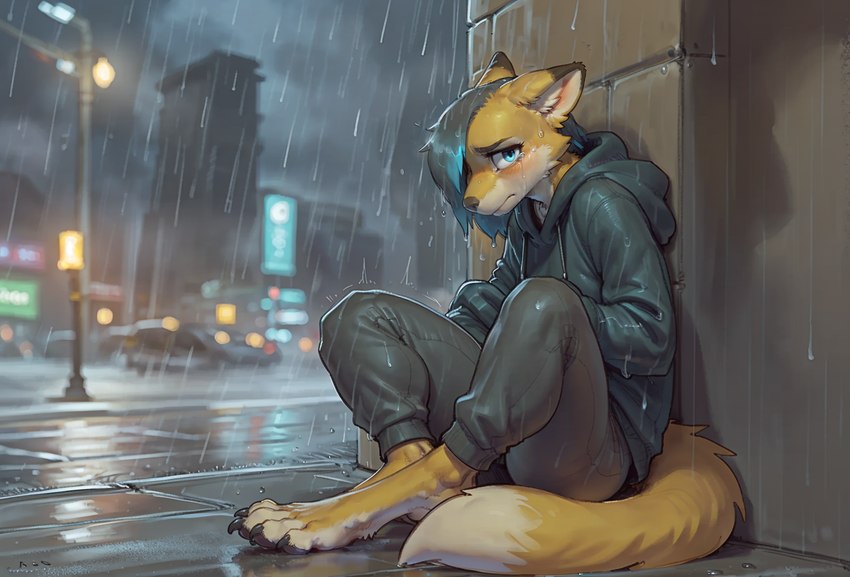 ambiguous_gender anthro blue_eyes blue_hair bodily_fluids bottomwear city claws clothing crying digitigrade dipstick_ears fluffy fluffy_tail frown fur hair hoodie looking_at_viewer multicolored_ears night pants paws pivoted_ears raining sad sitting solo street tears topwear wet yellow_body yellow_fur wiinter canid canine fox mammal