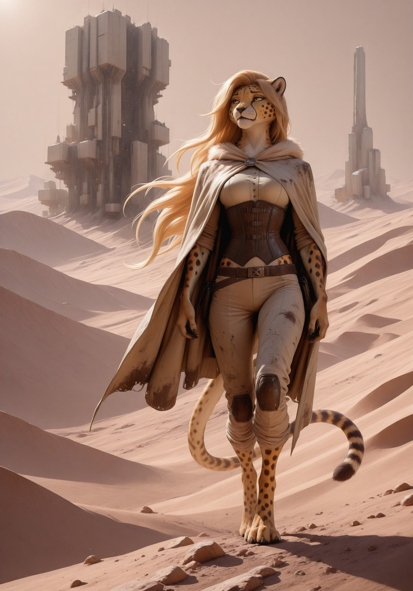 anthro belt bottomwear building cinematic cloak clothing corset curtained_hair desert detailed_fur dirty dramatic_lighting female fluffy knee_pads lingerie looking_away pants ragged_clothing sad science_fiction slim_body solo tail topwear very_long_hair volumetric_lighting walking_towards_viewer wind phasedb cheetah felid feline mammal absurd_res detailed hi_res