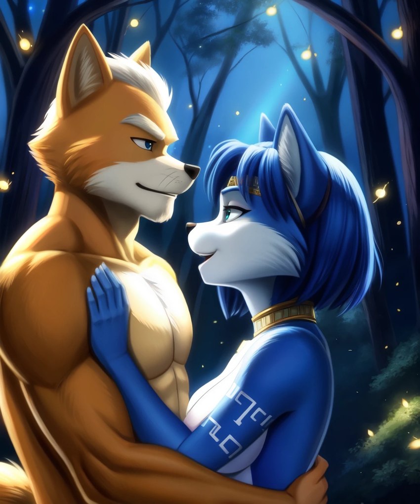 anthro blue_body blue_fur blue_hair bodily_fluids breasts canon_couple clothing duo female forest forest_background fur glowing green_eyes hair jewelry light looking_at_another looking_at_partner love male male/female nature nature_background night nintendo nude plant romantic romantic_ambiance romantic_couple smile star_fox tree whiskers white_body xxmcufan2020xx fox_mccloud krystal ambient_arthropod ambient_insect arthropod beetle canid canine canis elateroid firefly fox insect mammal hi_res