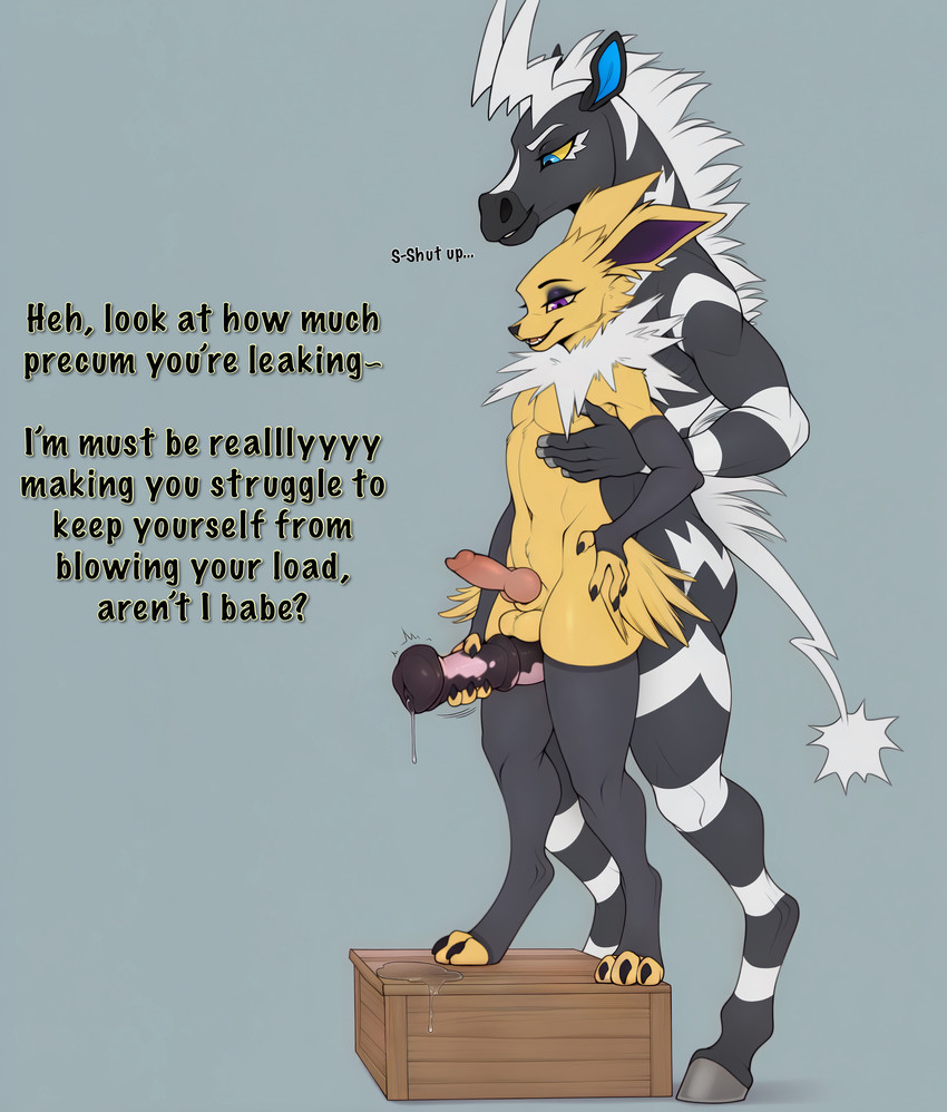 3_toes 4_fingers 5_fingers anthro behind_another between_legs black_body black_clothing black_eyeshadow black_legwear black_sleeves blue_eyes bodily_fluids clothing dialogue duo eyeshadow feet femboy fingers from_behind_position genital_fluids hand_on_chest hooves legwear looking_down makeup male male/male mostly_nude nude precum purple_eyes sex simple_background size_difference standing standing_on_box talking_to_another talking_to_partner text toes yellow_body lightning7 nintendo pokemon discharge_(lightning7) eeveelution equid equine generation_1_pokemon generation_5_pokemon jolteon mammal pokemon_(species) zebstrika absurd_res full-length_portrait hi_res portrait