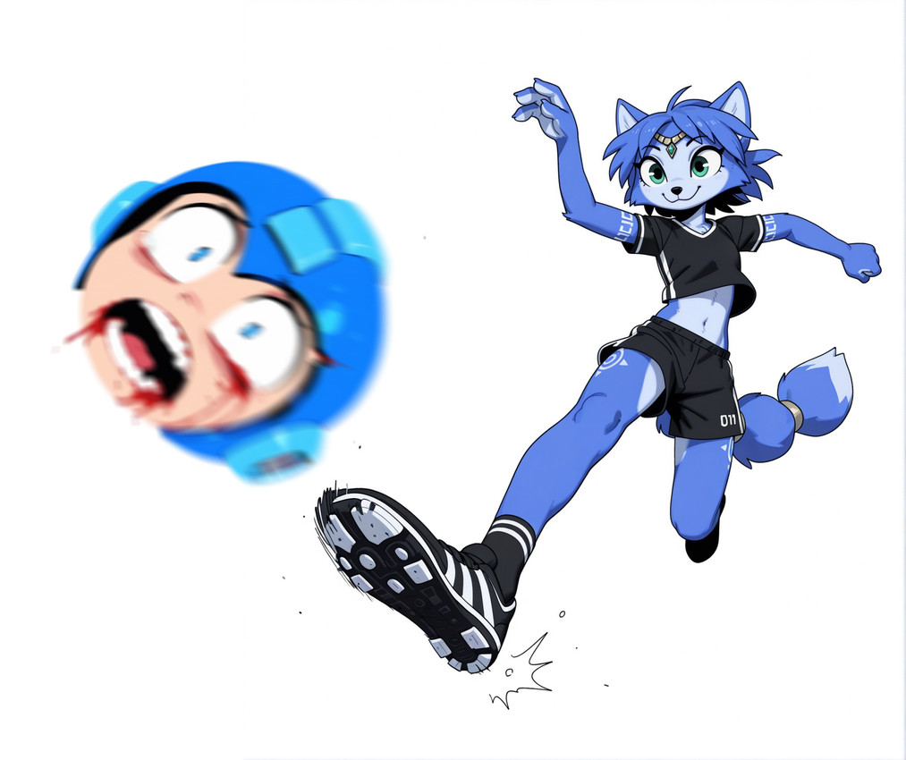 anthro armor blood blue_body blue_fur blue_hair bodily_fluids clothing crossover disembodied_head duo female footwear fur gore hair headgear helmet kick machine male markings shoes simple_background sneakers tribal tribal_markings white_body white_fur anonymous_director capcom mega_man_(series) nintendo star_fox krystal_(star_fox) mega_man_(character) canid canine fox mammal robot hi_res