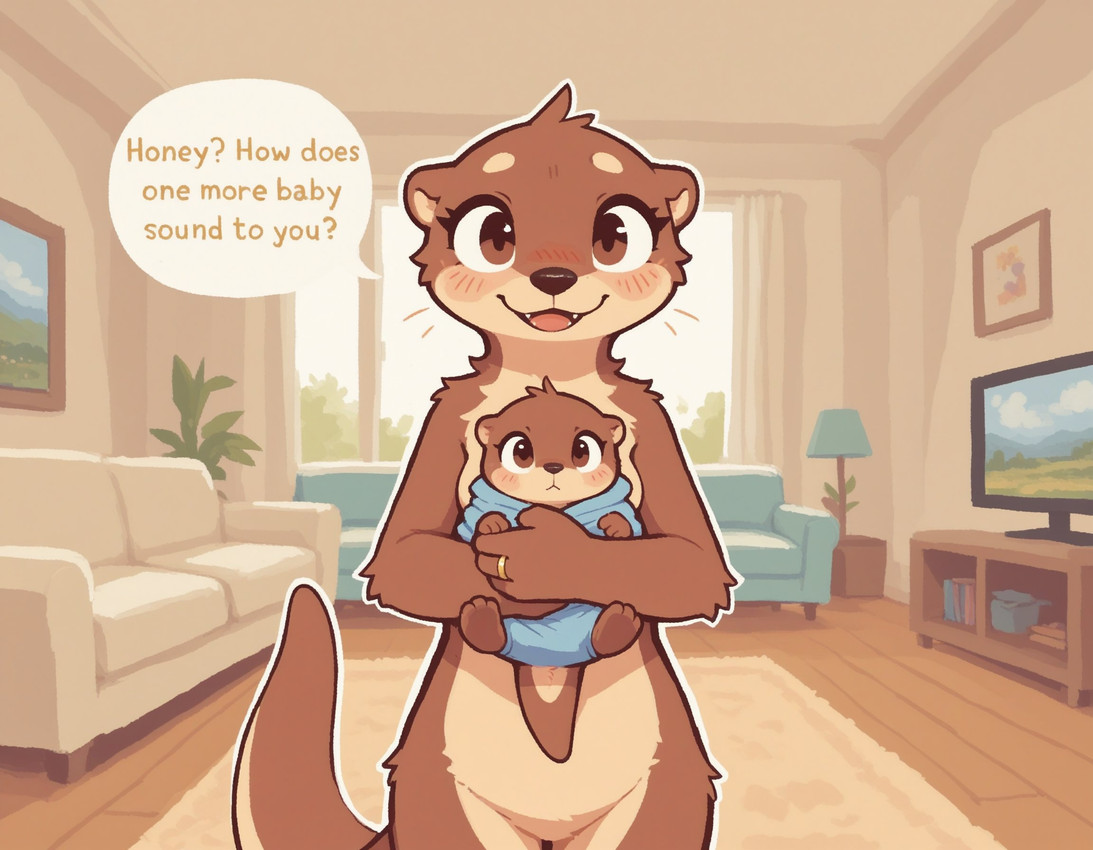 anthro blush brown_body brown_eyes brown_fur dialogue digit_ring duo fangs female fur furniture inside jewelry looking_at_viewer ring round_ears sofa speech_bubble tan_body tan_fur teeth wedding_ring window verbotenvertex mammal mustelid otter hi_res mother_(lore) mother_and_child_(lore) parent_(lore) parent_and_child_(lore)