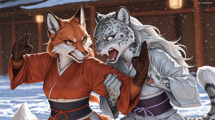 angry anthro asian_clothing blind blind_eye clothing duo east_asian_clothing fangs female female/female fight fighting_pose hair japanese_clothing kimono long_hair martial_arts pose snow teeth white_hair ivorymane canid canine felid fox mammal pantherine snow_leopard hi_res watermark