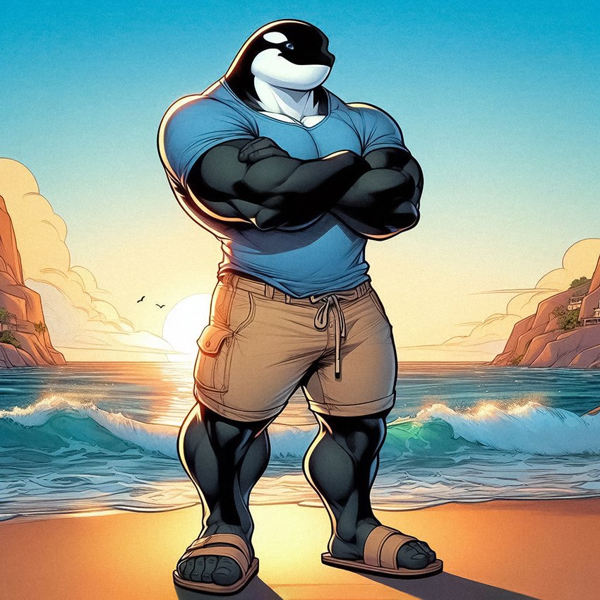 2024 anthro beach biceps big_biceps big_deltoids big_forearm_muscles big_muscles big_pecs big_trapezius big_triceps biped black_body black_pupils black_skin blue_clothing blue_eyes blue_shirt blue_sky blue_t-shirt blue_topwear bottomwear broad_shoulders cargo_shorts closed_smile clothed clothed_anthro clothed_male clothing cloud countershade_face countershade_neck countershade_skin countershade_torso countershading crossed_arms dall-e_3 dark_body dark_skin day deltoids detailed_background feet fingernails footwear forearm_muscles front_view huge_biceps huge_deltoids huge_forearm_muscles huge_muscles huge_trapezius huge_triceps humanoid_feet humanoid_hands light light_body light_skin looking_at_viewer male manly monotone_bottomwear monotone_clothing monotone_footwear monotone_sandals monotone_shirt monotone_shorts monotone_t-shirt monotone_topwear multicolored_body multicolored_skin muscular muscular_anthro muscular_arms muscular_legs muscular_male nails outside pecs plant plantigrade pose pupils rock sand sandals sea seaside shadow shirt shorts sky smile smiling_at_viewer solo standing sun sunlight sunset t-shirt tan_bottomwear tan_clothing tan_footwear tan_sandals tan_shorts thick_neck toenails topwear trapezius triceps two_tone_body two_tone_skin water wave white_body white_countershading white_skin zenithwolf ambient_bird avian bird cetacean delphinoid mammal marine oceanic_dolphin orca toothed_whale 1:1 detailed digital_drawing_(artwork) digital_media_(artwork) full-length_portrait hi_res lighting portrait shaded