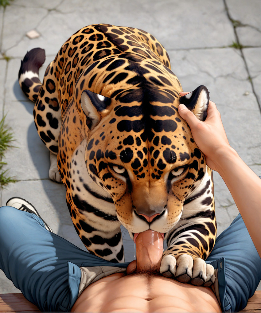 4_toes abs ambiguous_gender balls bench bestiality black_pawpads bodily_fluids bottomwear clothed clothing denim denim_clothing duo erection feet fellatio feral feral_penetrated first_person_view footwear genitals grass human_on_feral human_penetrating human_penetrating_feral interspecies jeans looking_at_viewer male male/ambiguous navel open_bottomwear open_clothing open_pants oral outside pants pawpads paws penetration penile penis penis_in_mouth petting pink_nose plant pubes saliva sex shoes sitting stone_floor toes tongue vein veiny_penis whiskers yellow_eyes drla felid human jaguar mammal pantherine absurd_res hi_res