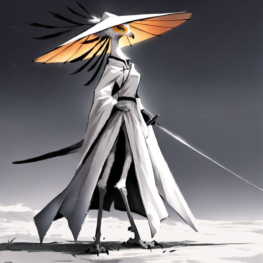 anthro beak black_body claws cloak clothing feathers grey_background ground hat headgear headwear looking_at_viewer melee_weapon simple_background solo standing straw_hat sword weapon forsaken accipitriform avian bird secretary_bird