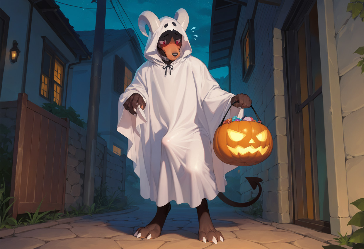 2_horns 3_toes 5_fingers alley anthro black_body black_bow black_fur black_nose blush bodily_fluids bow_(feature) bow_ribbon building candy city city_background claws cloak clothed clothing cloud countershade_face countershade_fur countershading curved_horn curved_tail dessert digitigrade door embarrassed erection erection_under_clothing feet fingers flying_sweatdrops food front_view fur furrowed_brow ghost_costume grass half-closed_eyes halloween halloween_bucket halloween_costume holding_object horn house jack-o'-lantern looking_down looking_down_at_self male mouth_closed narrowed_eyes night orange_body orange_countershading outside pawpads plant pokemorph pole power_line red_eyes sky solo spade_tail standing star starry_sky stone_floor stone_road sweat sweatdrop tenting toe_claws toes utility_pole white_claws white_cloak white_horn window window_light dfy6c halloween_2025 nintendo pokemon canid canine generation_2_pokemon houndoom mammal pokemon_(species) hi_res