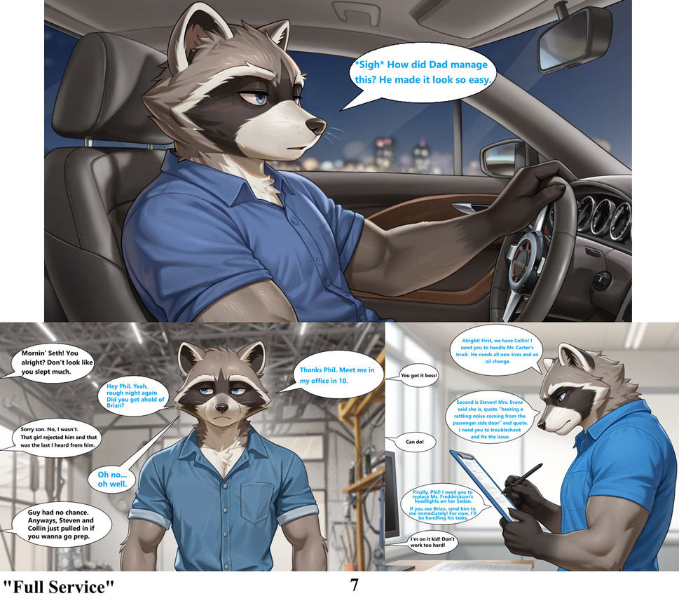 anthro black_nose blue_clothing blue_eyes car clipboard clothed clothing computer dialogue disinterested driving fur garage gloves_(marking) grey_body grey_fur group inside_car male markings mirror multicolored_body multicolored_fur muscular muscular_male neck_tuft office pen short_sleeves solo steering_wheel text tuft two_tone_body two_tone_fur vehicle whiskers window ducksiri seth_moran_(ducksiri) mammal procyonid raccoon comic english_text hi_res
