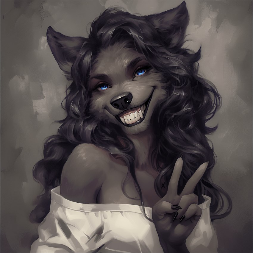 anthro black_hair black_nose blue_eyes clothed clothing eyebrows eyelashes fangs female gesture grey_body grimace grin hair inner_ear_fluff nails off_shoulder smile solo teeth topwear tuft v_sign wavy_hair white_clothing white_topwear sappy_(director) canid canine canis mammal wolf hi_res oil_painting_(artwork) painting_(artwork) portrait shaded traditional_media_(artwork)