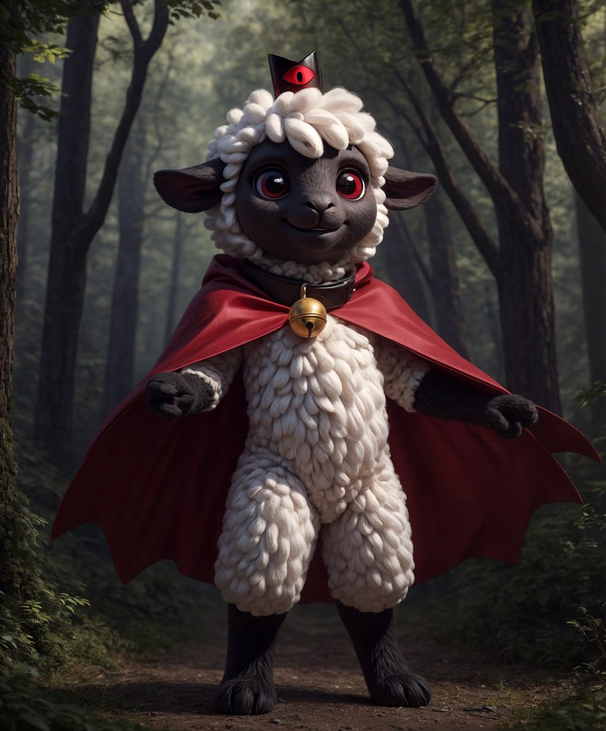 ambiguous_gender anthro bell bell_collar collar crown cult_of_the_lamb fur hooves horn multicolored_body red_eyes solo two_tone_body wool_(fur) unknown_director lamb_(cult_of_the_lamb) bovid caprine mammal sheep hi_res