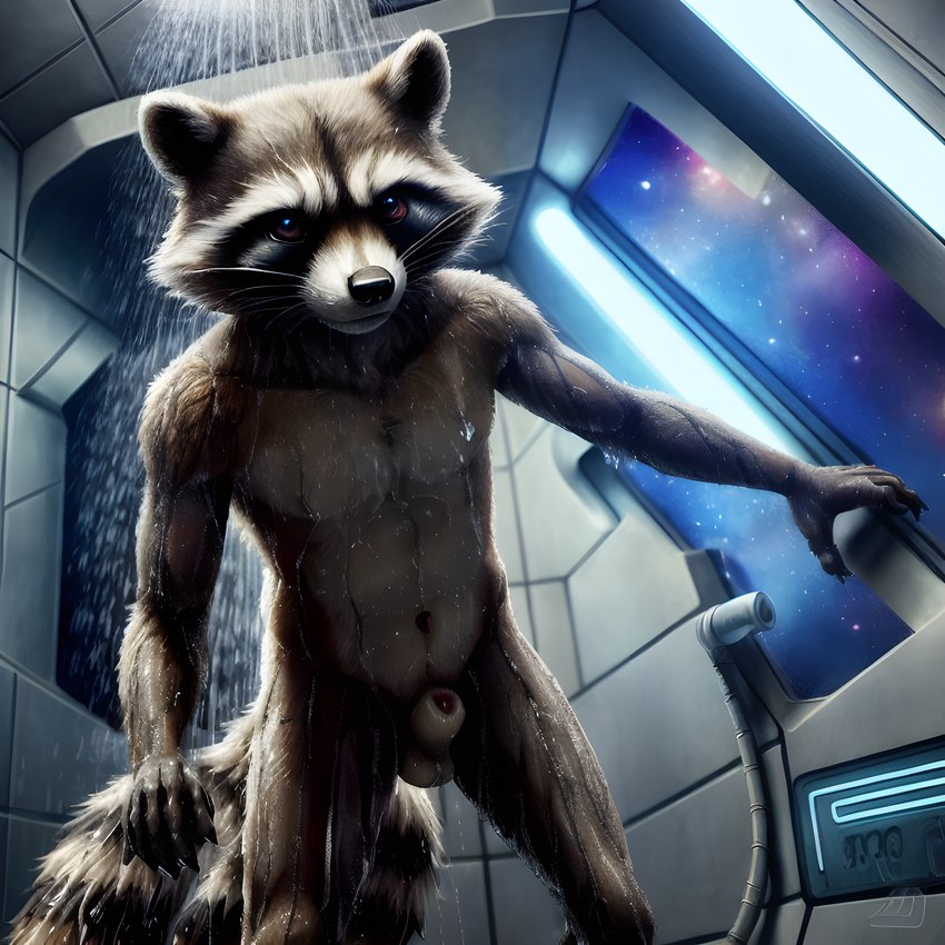 animal_genitalia anthro fully_sheathed fur genitals male nude penis sheath shower showering solo space wet wet_body wet_fur dfw rocket_raccoon mammal procyonid raccoon absurd_res hi_res