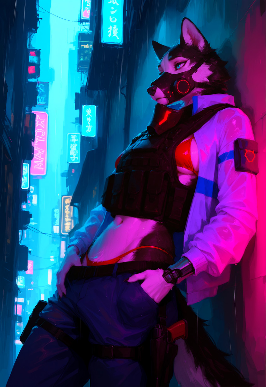 5_fingers anthro bikini black_body black_claws black_fur blue_bottomwear blue_clothing blue_eyes blue_pants blue_sky bottomwear bottomwear_down breasts bulletproof_vest city city_background claws clothed clothing cybernetic_arm cybernetic_limb cyberpunk denim denim_clothing female fingers fur gun hand_in_pocket handgun holstered_pistol jeans leaning leaning_backward leaning_on_wall looking_away mask medium_breasts neon neutral_expression open_clothing outside pants pants_down partially_clothed pistol pockets raining ranged_weapon red_bikini sky solo street swimwear text translucent translucent_clothing weapon wet wet_body wet_clothing wet_fur white_body white_fur adragocult canid canine canis domestic_dog husky mammal nordic_sled_dog spitz absurd_res hi_res japanese_text portrait three-quarter_portrait