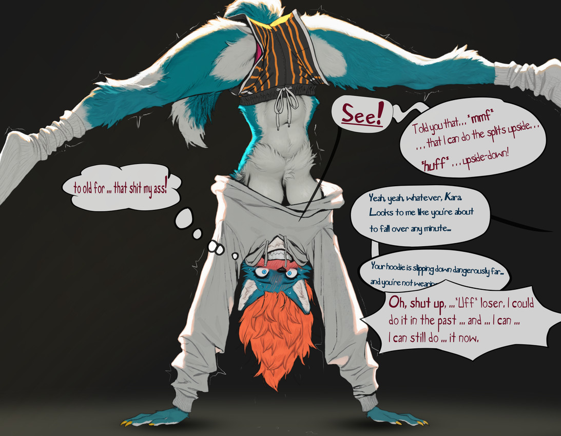 5_fingers anthro athletic athletic_anthro athletic_female athletic_wear baggy_clothing black_background blue_body blue_eyes blue_fur blush bodily_fluids bottomwear breasts butt camel_toe claws clenched_teeth clothed clothing colored_nails dialogue embarrassed feet female fingers flexible fluffy fluffy_tail footwear fur gym_bottomwear gym_clothing gym_shorts hair handstand hoodie legwear midriff multicolored_body multicolored_fur nails navel offscreen_character orange_hair panties pattern_clothing pattern_legwear pink_clothing pink_panties pink_underwear profanity shirt shorts simple_background socks soles solo speech_bubble spread_legs spreading striped_clothing striped_legwear stripes sweat tail teeth text thought_bubble topwear tuft under_boob underwear upside_down white_body white_fur yellow_claws soloko kara canid canine canis mammal wolf digital_media_(artwork) english_text hi_res